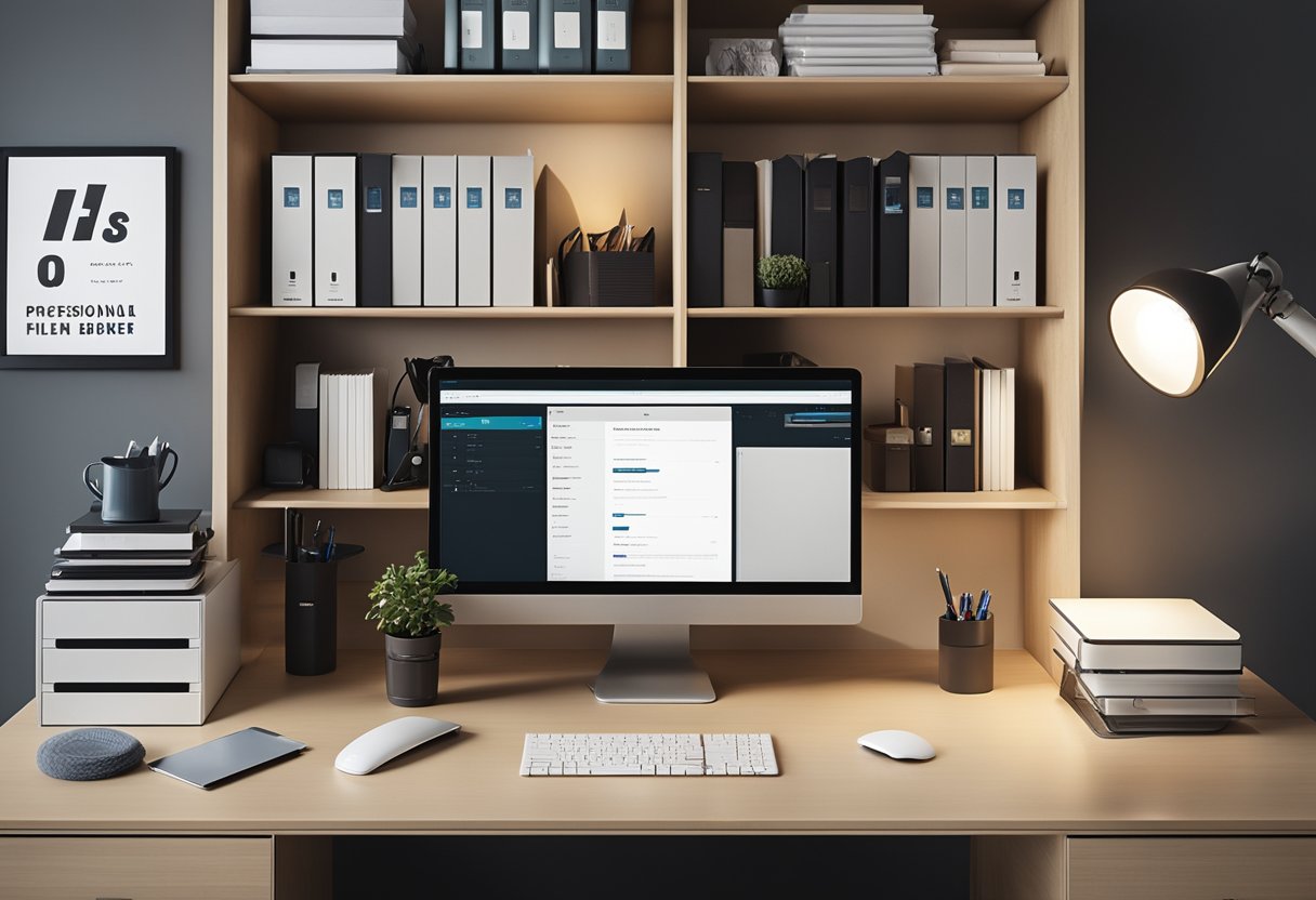 A clutter-free desk with labeled storage bins, a neatly organized file cabinet, a minimalist desk setup with a laptop and a sleek desk lamp, a tidy bookshelf with labeled folders and a cozy chair for breaks