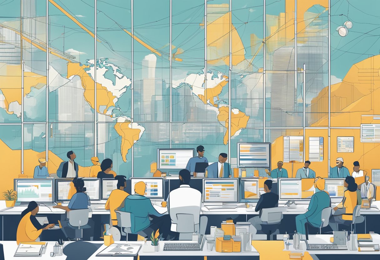 A group of diverse business models impacted by global regulatory changes in asset management. The scene is filled with charts, graphs, and financial data, showcasing the complexity and interconnectedness of the industry