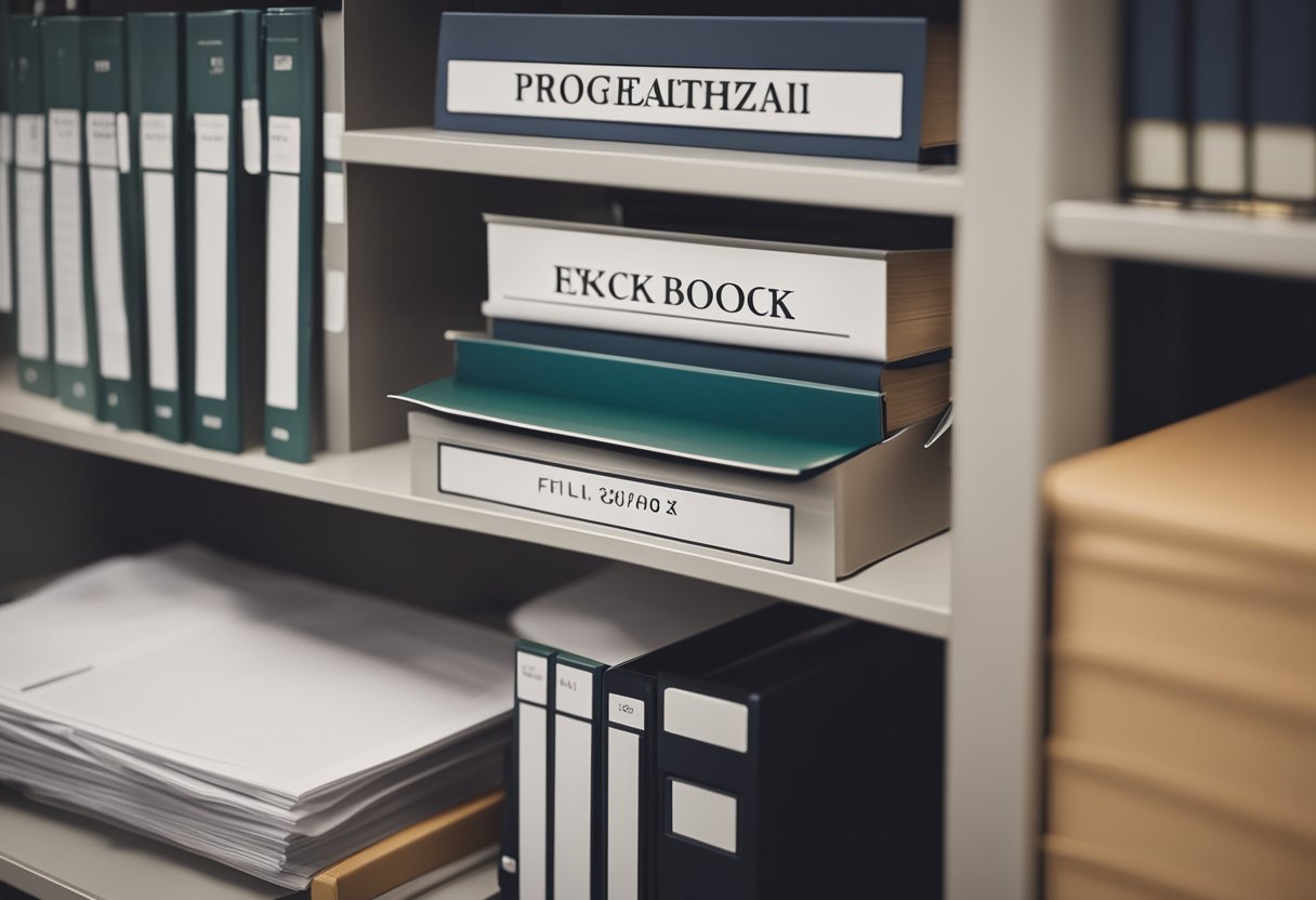 A tidy desk with labeled folders, a minimalist desk organizer, neatly stacked books, a labeled filing cabinet, and a clear desk surface