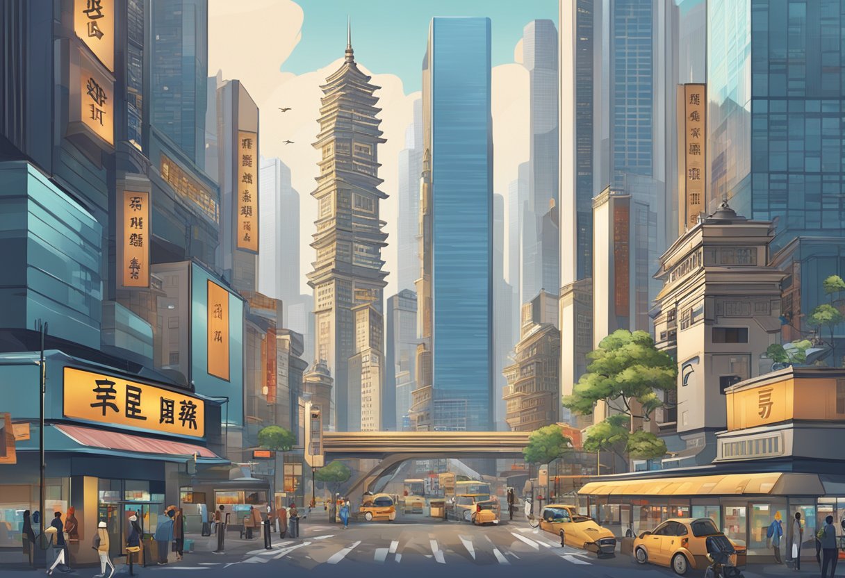 A bustling financial district with skyscrapers and bustling streets, featuring Chinese characters and symbols, with a mix of traditional and modern architecture