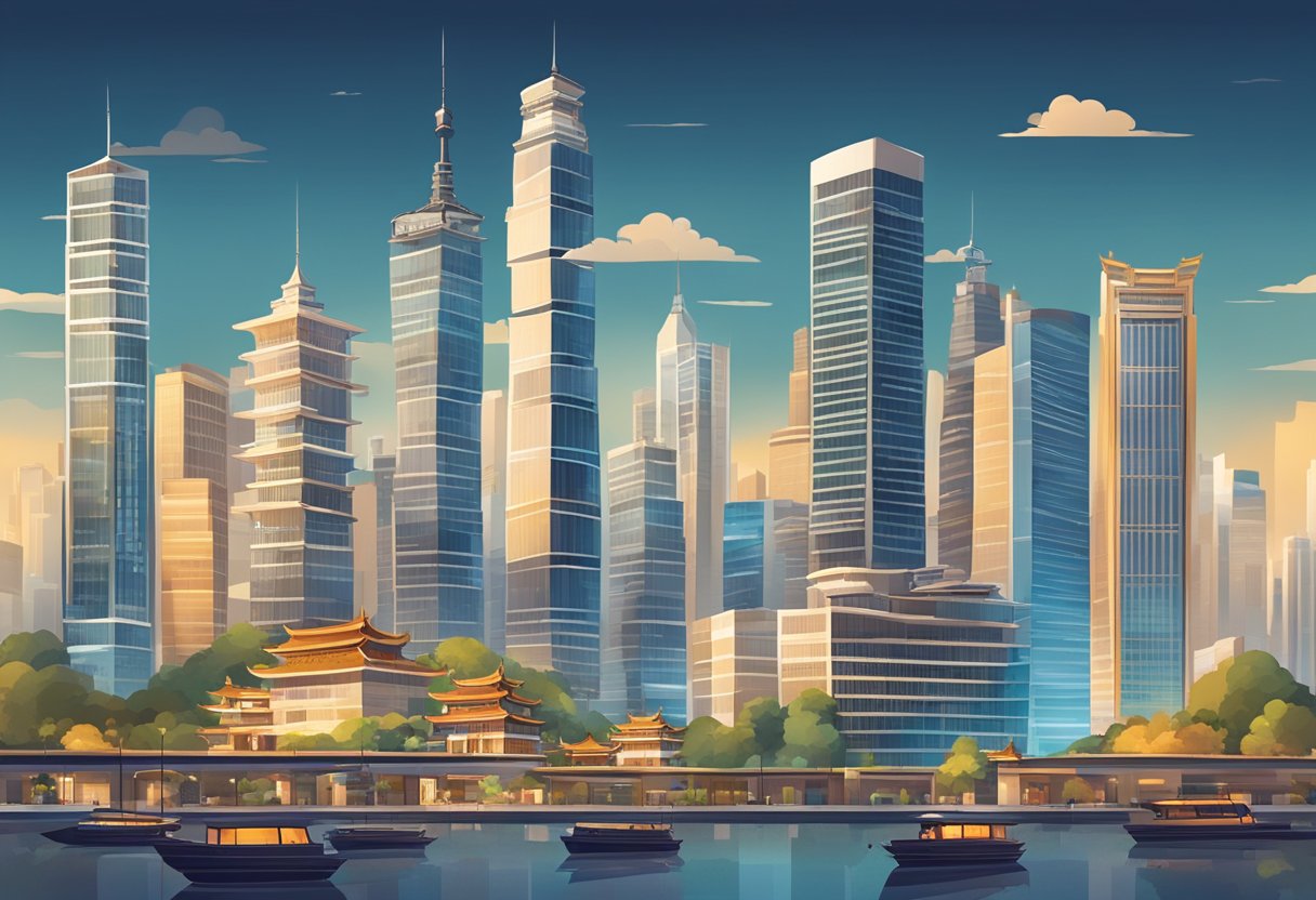 A bustling cityscape with modern skyscrapers and traditional Chinese architecture, surrounded by bustling financial activity and busy streets