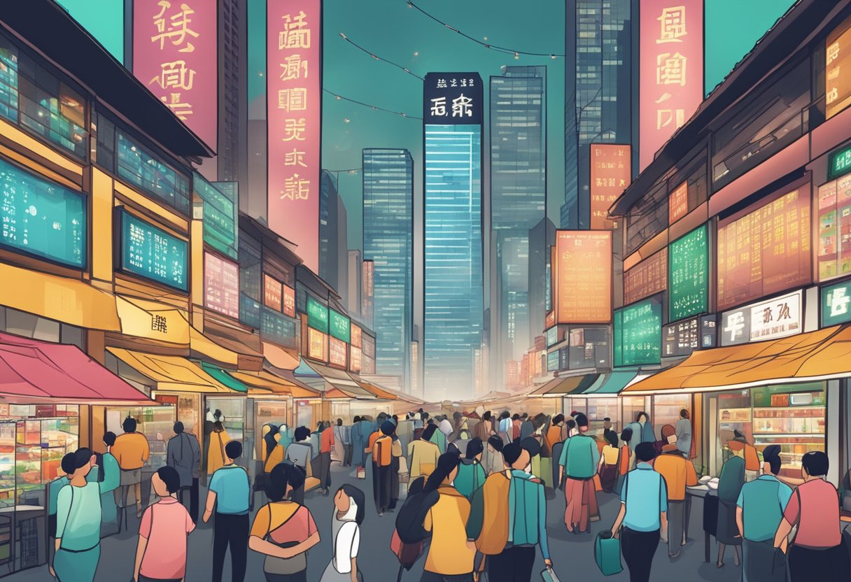 A bustling Chinese market with financial charts and graphs displayed, representing growth and dynamics in asset management
