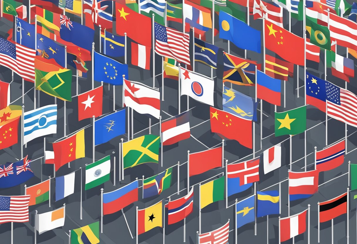 A group of diverse flags stand together, symbolizing international and domestic alliances, overlooking a bustling Chinese asset management market