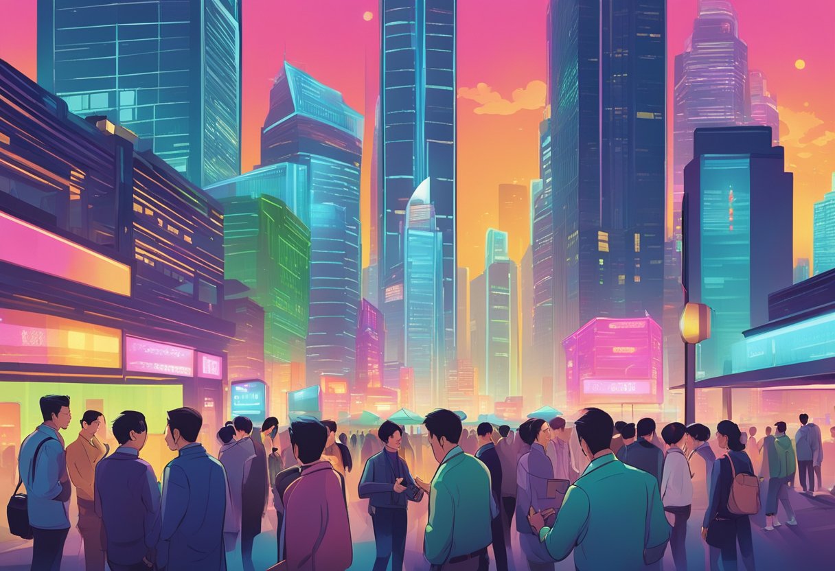 A bustling financial district in China, with skyscrapers and neon lights. A group of professionals engage in discussions and meetings, exchanging business cards and shaking hands. The atmosphere is vibrant and dynamic, with a sense of opportunity and growth