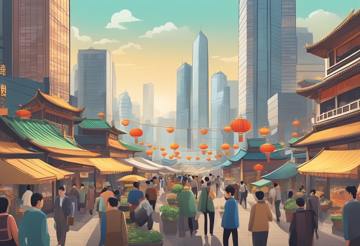 A bustling Chinese market with skyscrapers in the background, showcasing various investment opportunities such as stocks, real estate, and commodities