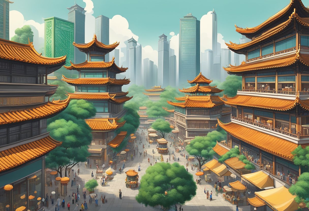 A bustling cityscape with modern skyscrapers and traditional Chinese architecture, surrounded by lush greenery and bustling marketplaces, symbolizing the dynamic and diverse economic landscape of China's onshore markets
