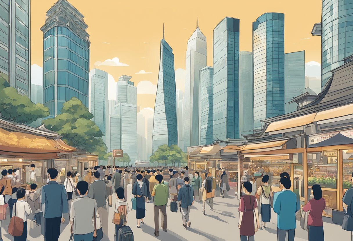 A bustling financial district in China, with towering skyscrapers and bustling markets, showcasing investment opportunities in onshore equity and fixed-income instruments