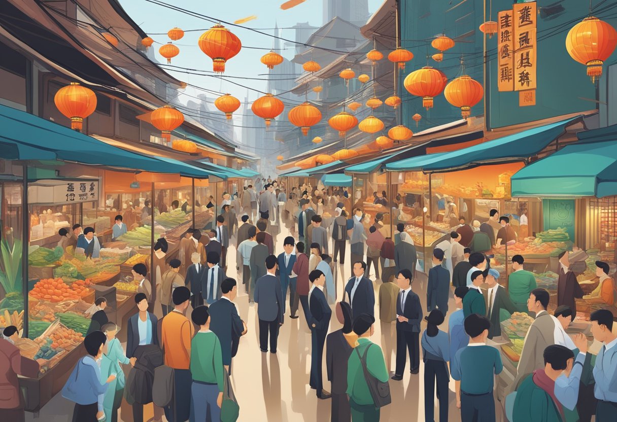 A bustling Chinese market with diverse investment opportunities and risk management strategies being discussed among financial professionals