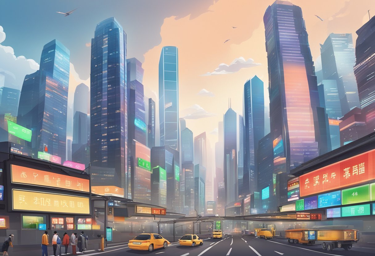 A bustling Chinese city skyline with financial district buildings and stock market indicators displayed on digital billboards