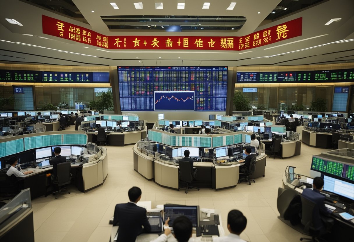 A bustling Chinese stock exchange, with foreign investors participating through R/QFII schemes, symbolized by international flags and financial charts