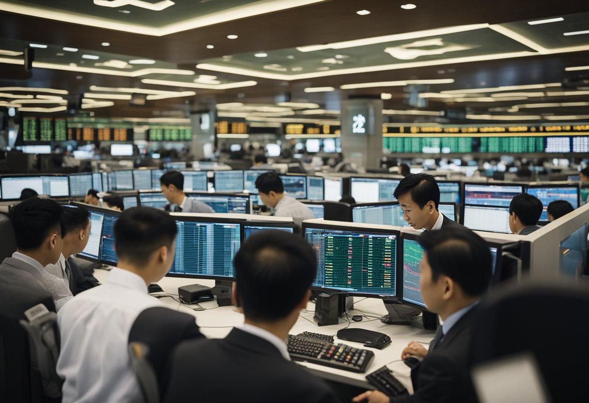 A bustling Chinese stock exchange, with traders and investors engaging in lively transactions, while R/QFII schemes play a prominent role in the market
