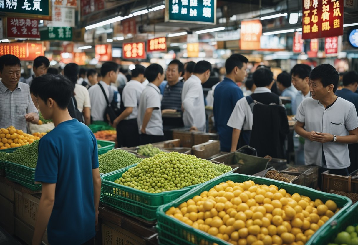 A bustling Chinese market with R/QFII schemes in action, showcasing the integration of foreign and domestic securities