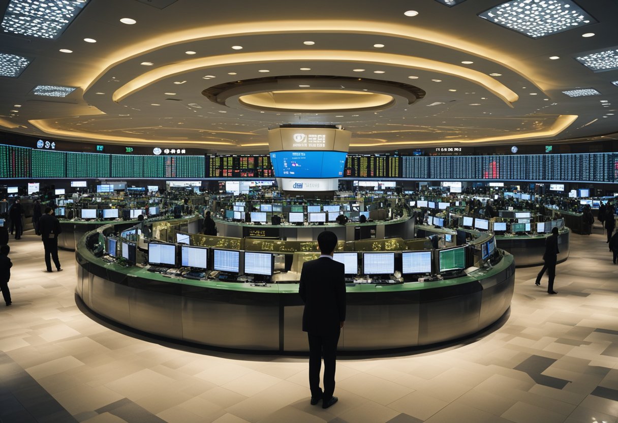 A bustling Chinese stock exchange, with traders and investors navigating through the crowded floor. R/QFII scheme logos prominently displayed on trading screens