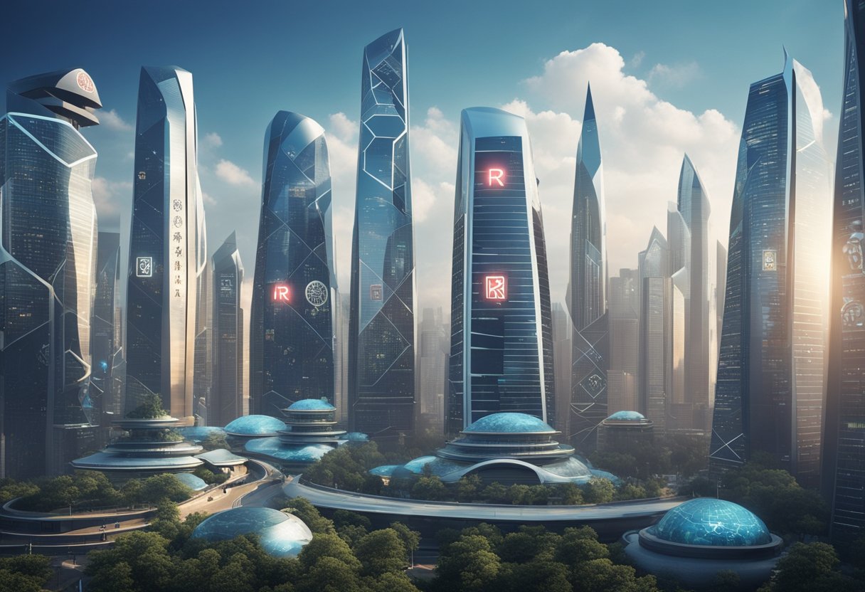 A futuristic city skyline with Chinese securities symbols and R/QFII logos prominently displayed