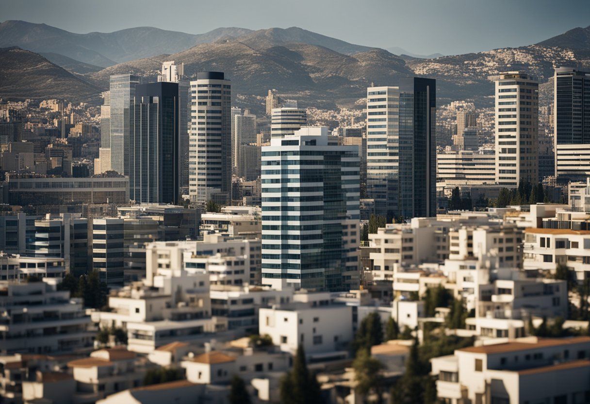 A bustling financial district in Cyprus, with modern office buildings and a diverse array of investment firms, symbolizing the growth of alternative investment funds in the country