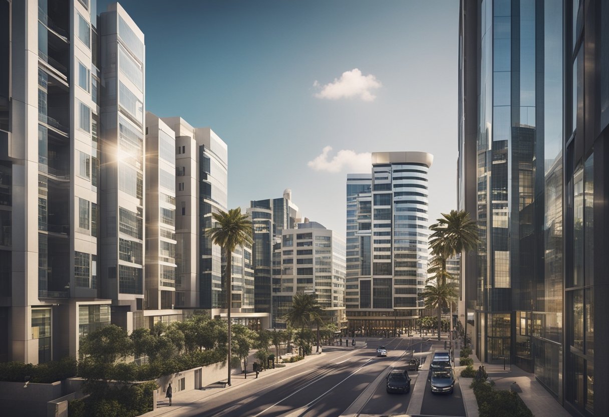 A bustling financial district in Cyprus, with modern office buildings and a mix of international professionals, symbolizing the growth of Alternative Investment Funds