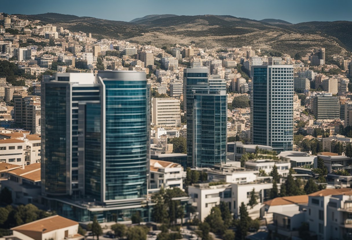A bustling financial district in Cyprus, with modern office buildings and bustling activity, showcasing the growth of alternative investment funds