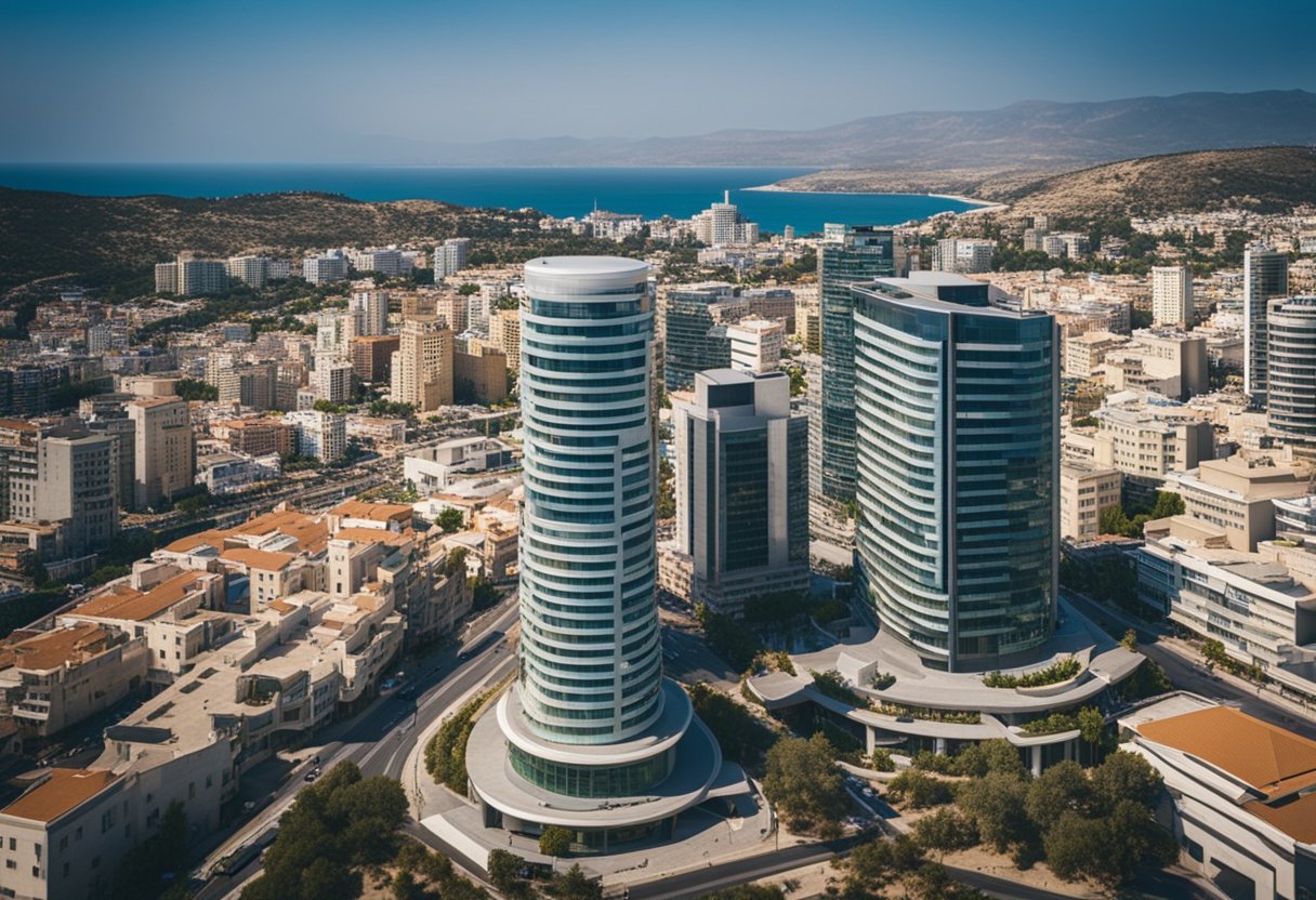 A bustling financial district in Cyprus, with modern office buildings and bustling streets, showcasing the country's growing prominence as a hub for alternative investment funds
