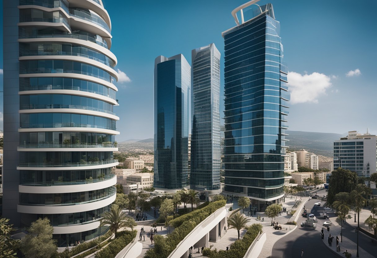 A bustling financial district in Cyprus, with modern office buildings and a diverse group of professionals networking and discussing investment opportunities