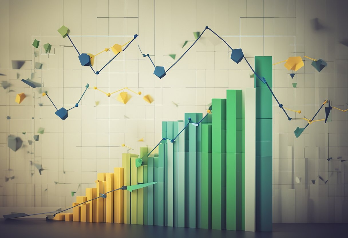 A graph showing steady growth despite economic downturn. Multiple arrows pointing upwards, symbolizing resilience. Background of Brazilian flag colors