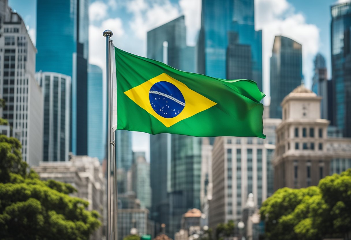A vibrant Brazilian flag waves proudly in front of a bustling financial district, symbolizing the resilience of the investment funds industry during the COVID-19 pandemic