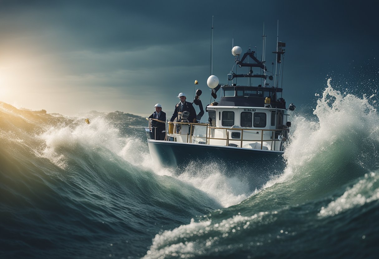 A group of investment funds navigating through turbulent waters, guided by a sturdy regulatory framework and resilient policies, amidst the challenges of the COVID-19 pandemic