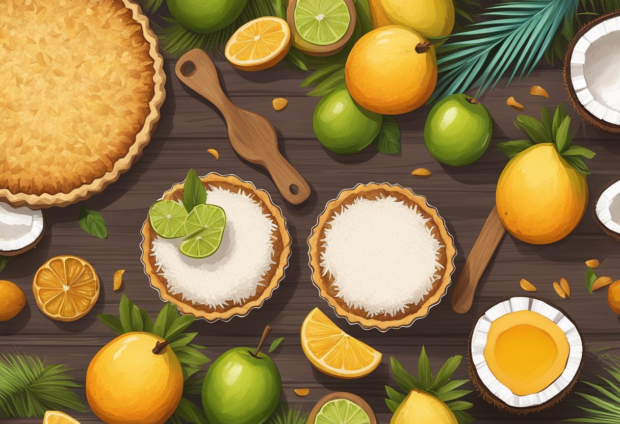 A rustic kitchen table displays a freshly baked cajá and coconut tart, surrounded by vibrant cajá fruits and shredded coconut