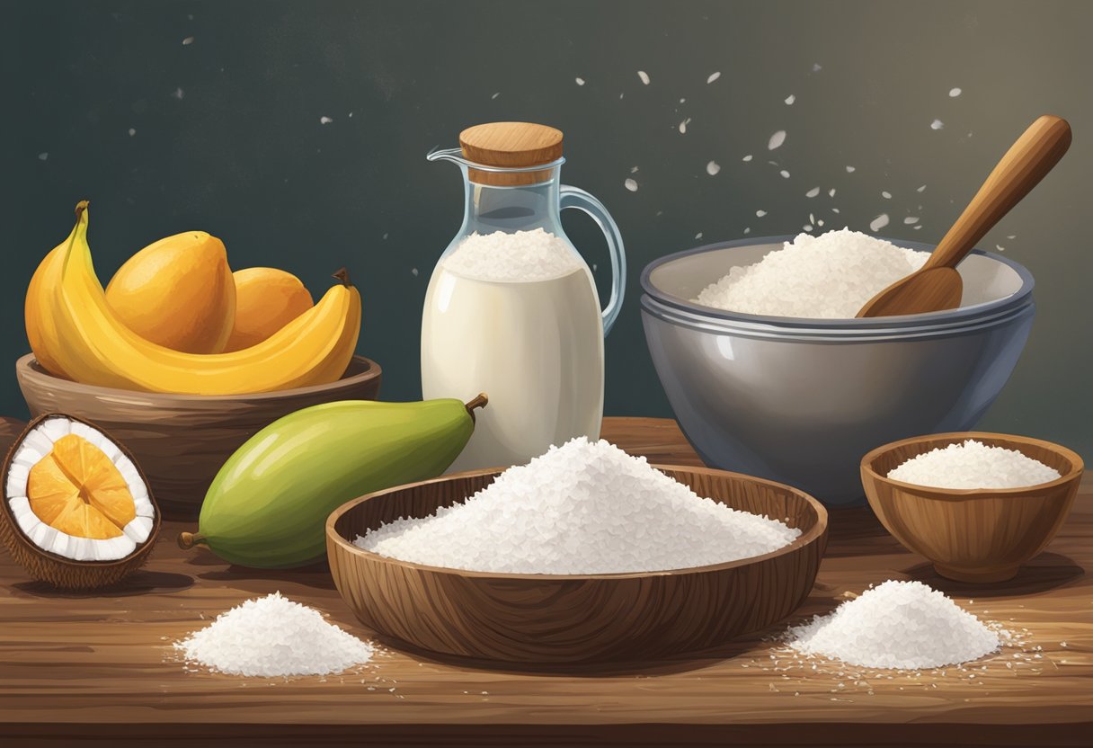 A rustic kitchen table displays ingredients for "Cajá com Coco" pie. A bowl of cajá fruit, shredded coconut, and a rolling pin sit next to a flour-dusted surface