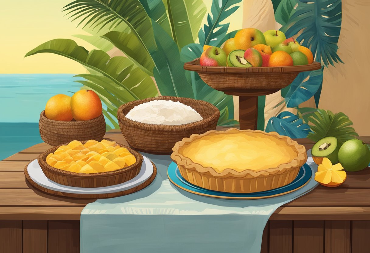 A rustic kitchen table displays a freshly baked cajá and coconut pie, surrounded by vibrant tropical fruits and a traditional woven basket