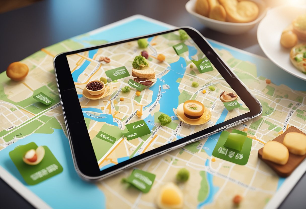 A map with food icons, a list of recommended restaurants, and a smartphone with GPS for self-guided culinary tour illustration