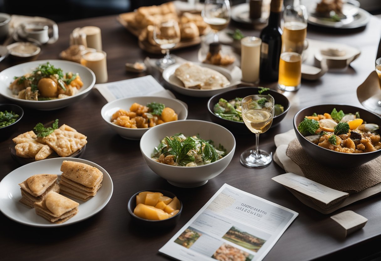 A table set with maps, brochures, and local food samples for a self-guided gastronomic tour