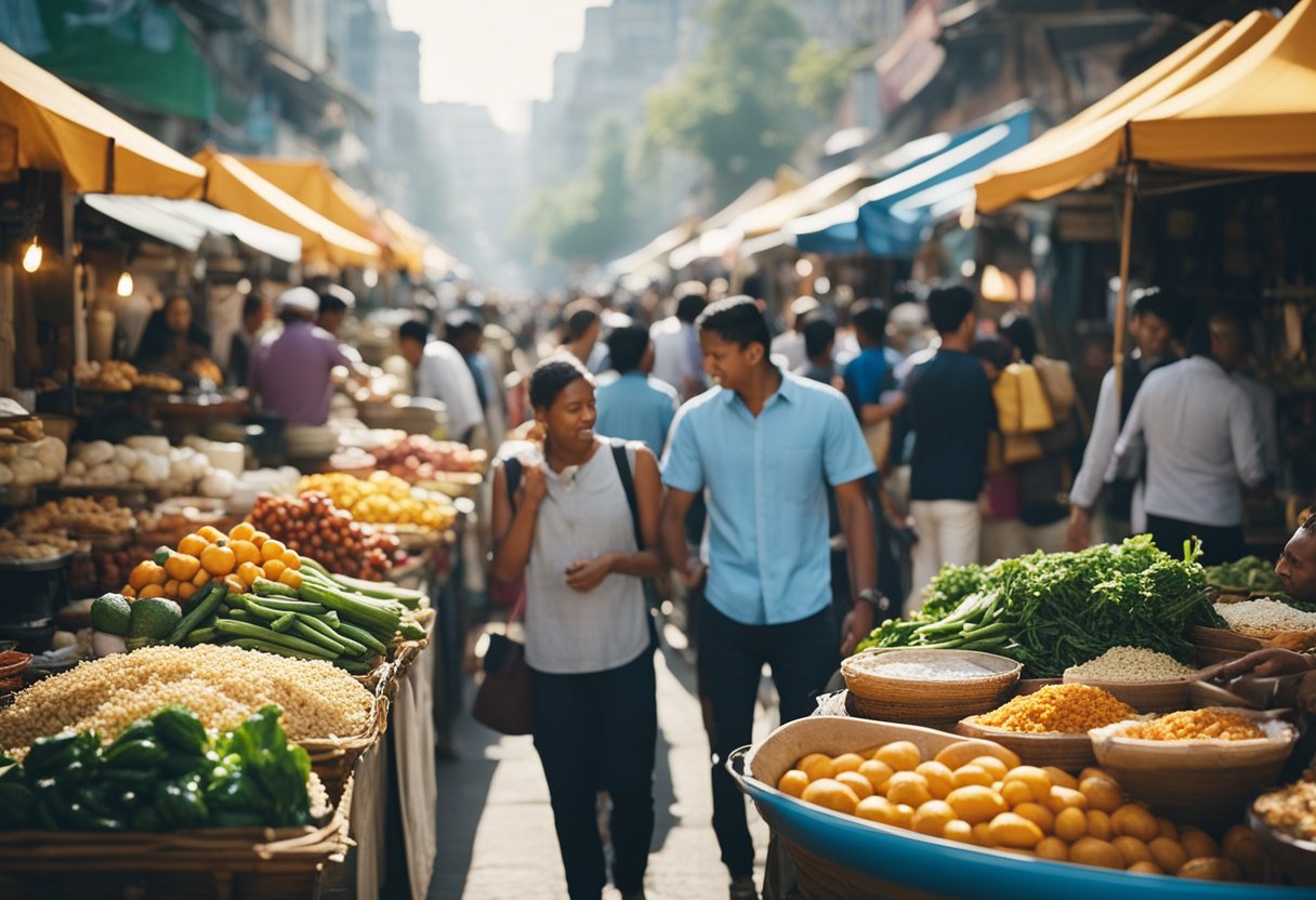 A bustling street market with colorful food stalls and bustling crowds, showcasing a variety of local dishes and ingredients. A mix of aromas fills the air as people sample and savor the diverse culinary offerings