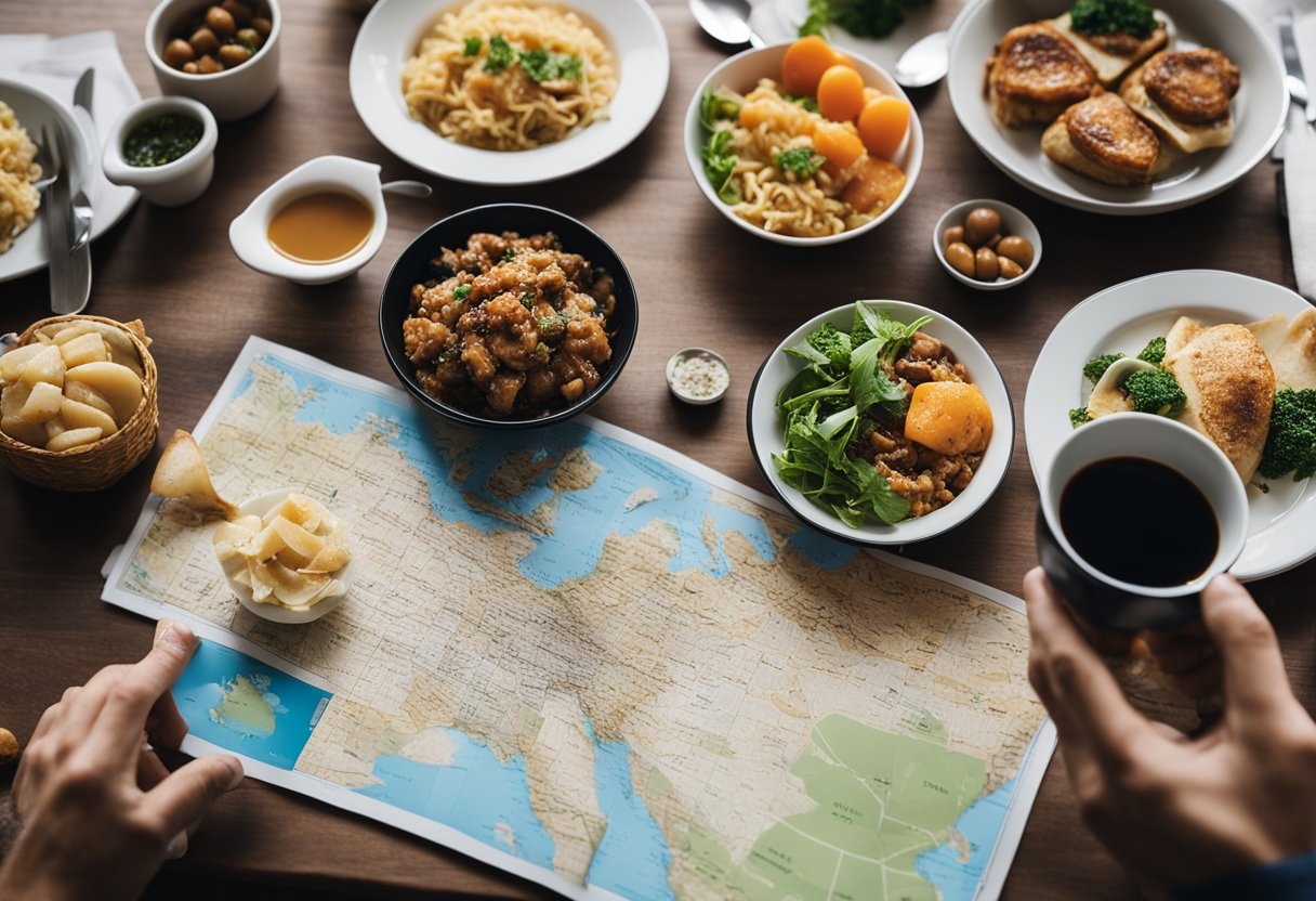 A table set with various local dishes, a map, and a guidebook. A person takes a bite of food while looking at the map