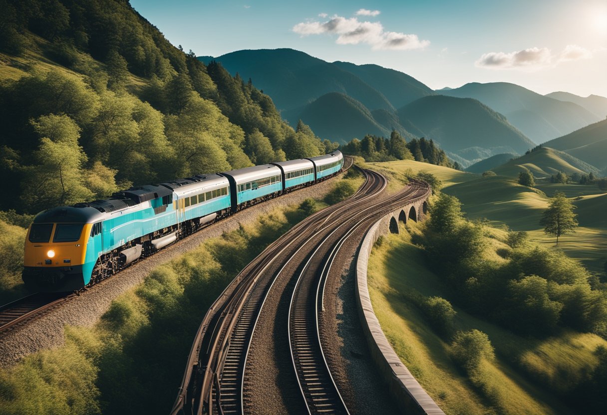 A train winding through picturesque landscapes and iconic destinations