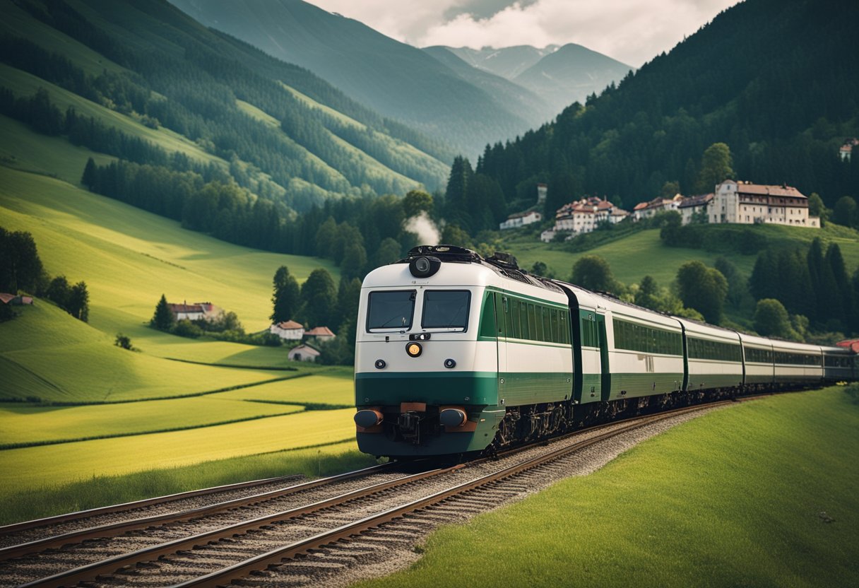 A scenic train winding through picturesque European landscapes, passing by quaint villages, rolling hills, and majestic mountains