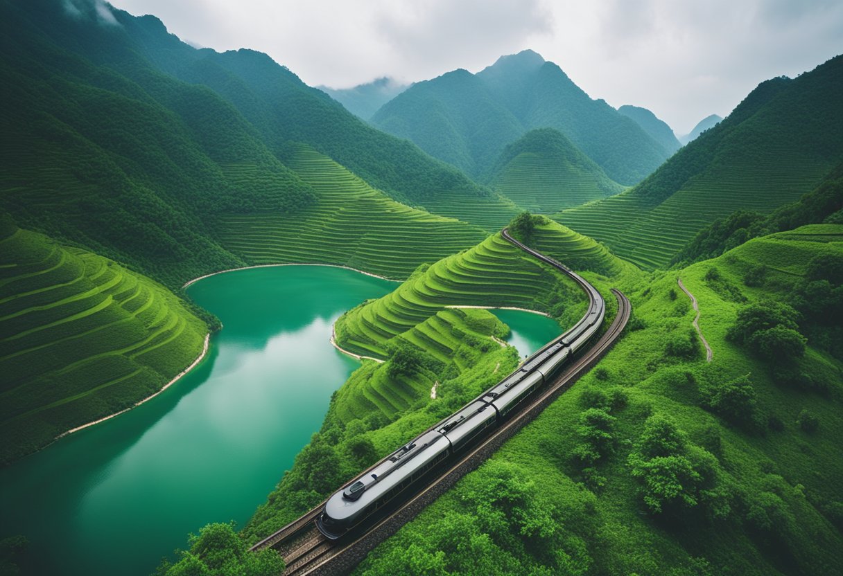 A winding train track cuts through lush green mountains and serene lakes in Asia's best scenic routes