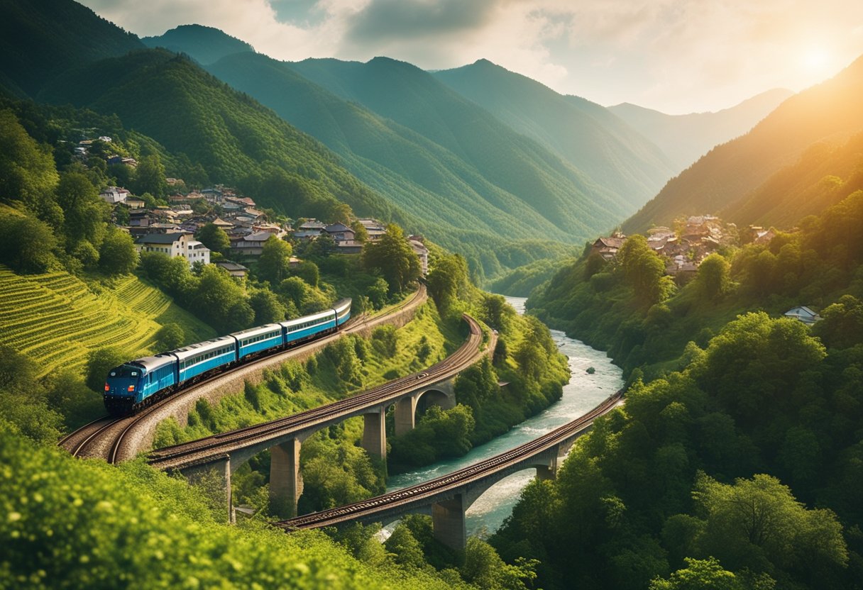 A train winds through lush mountains, passing by sparkling rivers and colorful villages, offering breathtaking views of the scenic landscape