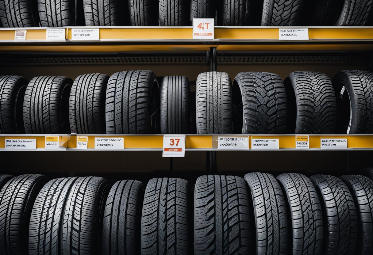 A variety of tires displayed on shelves, with labels indicating different terrains and weather conditions