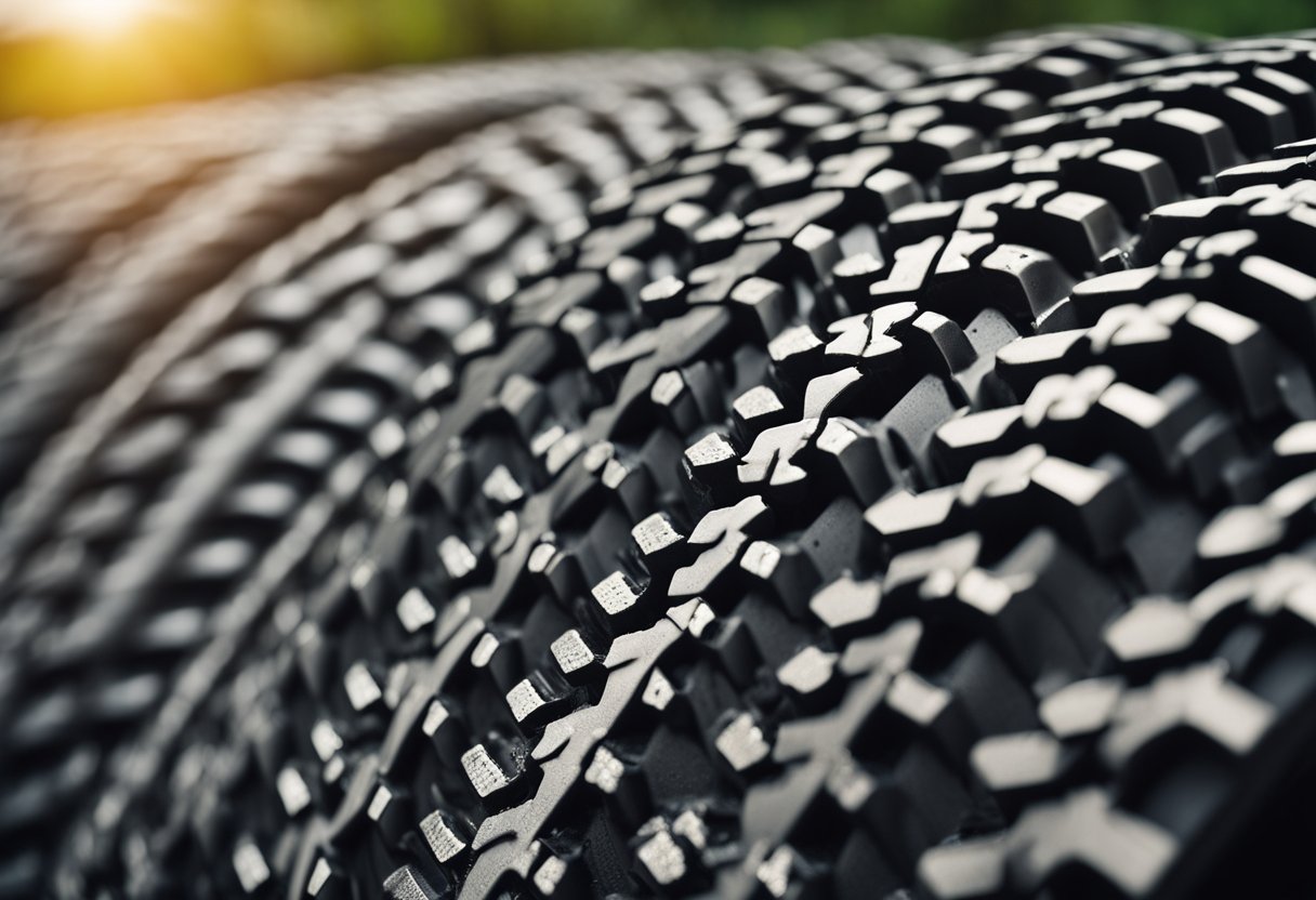 A tire tread pattern being analyzed for different terrains and weather conditions