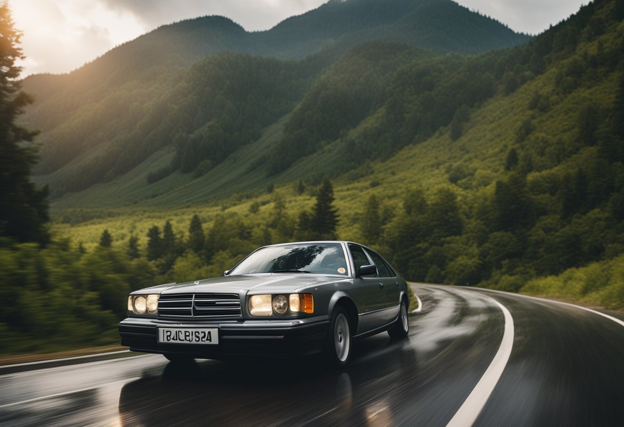 A car driving on various terrains with different tires for each. Sun and rain in the background