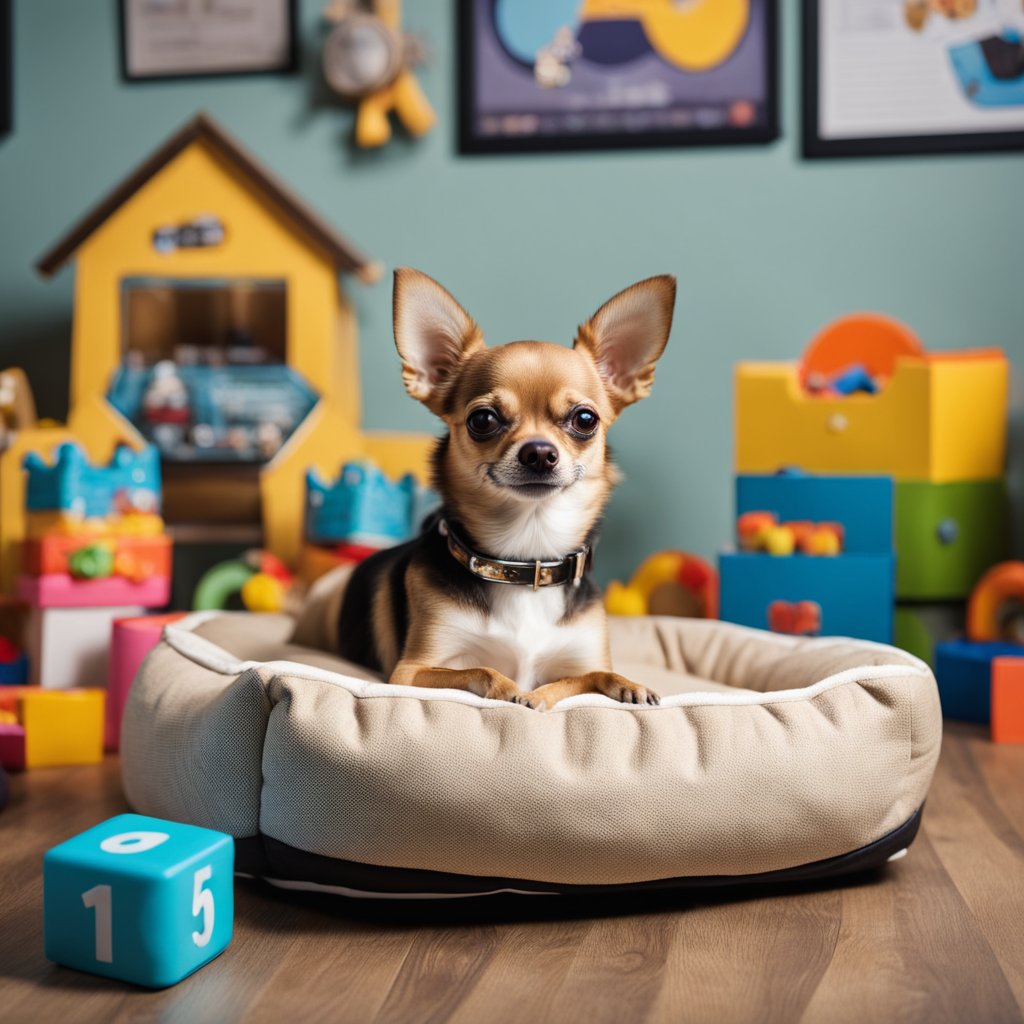 A chihuahua lounges in a cozy dog bed, surrounded by toys and treats. A calendar on the wall marks the passing years, hinting at the breed's long lifespan