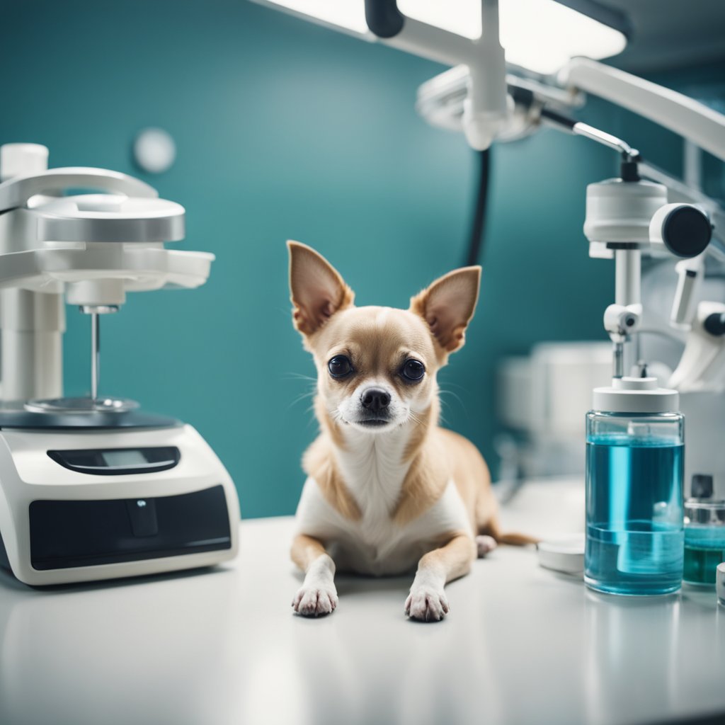 A chihuahua receiving healthcare and veterinary needs, surrounded by medical equipment and a caring veterinarian