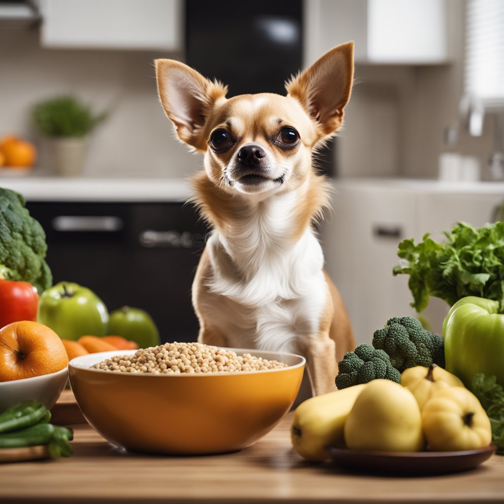A chihuahua sits next to a bowl of balanced diet, surrounded by healthy fruits and vegetables. A lifespan chart hangs on the wall