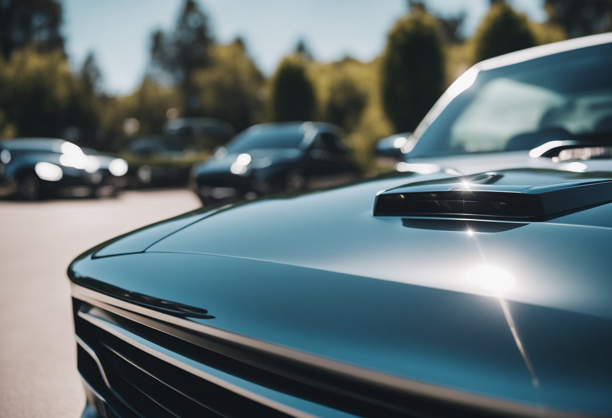 A shiny car with a well-maintained paint job. High-quality car care products displayed nearby