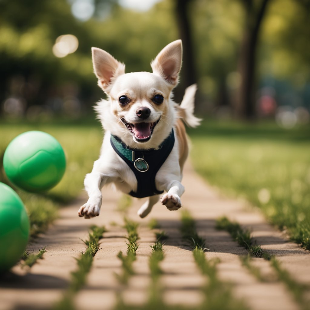 A chihuahua running in a park, jumping over obstacles and playing with a ball, surrounded by other dogs and their owners