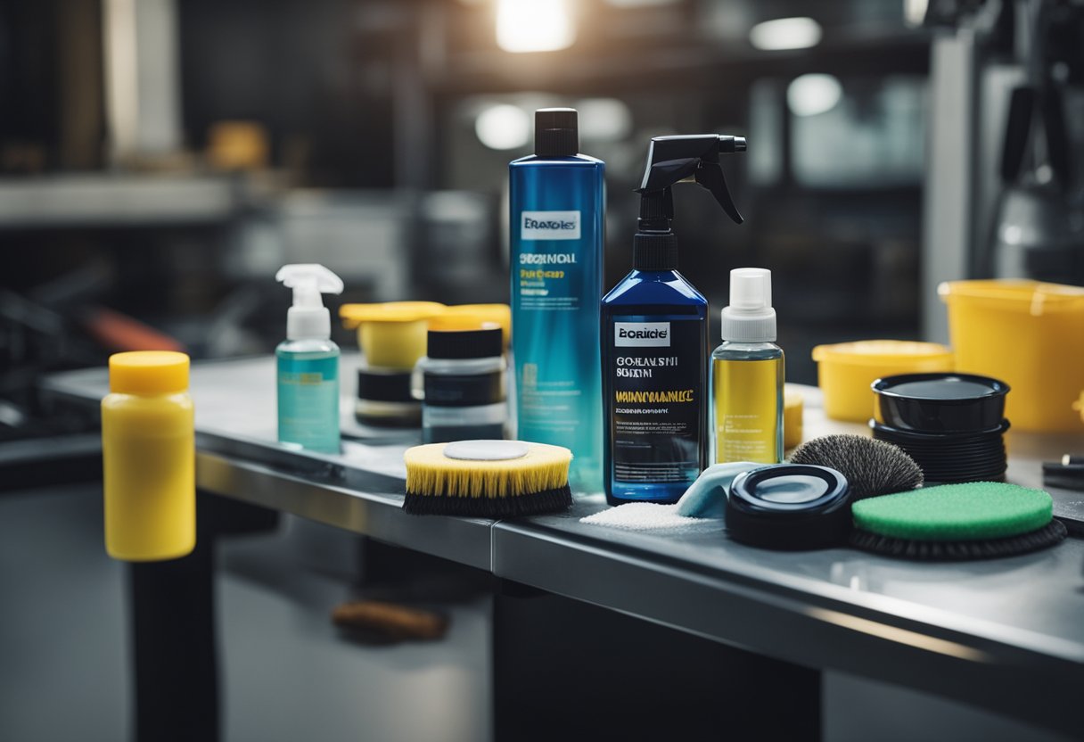 A shiny car paint maintenance scene with various cleaning and polishing products arranged neatly on a workbench