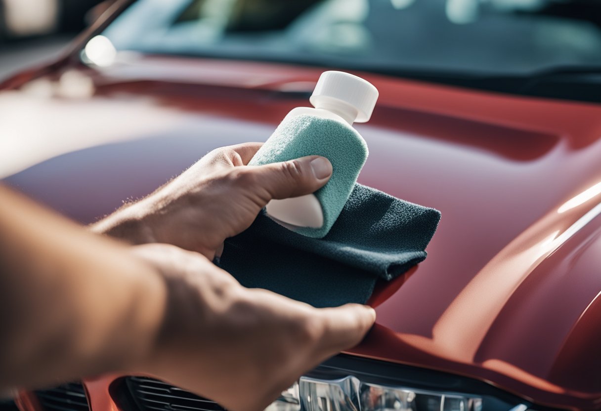 A hand reaching for a bottle of high-quality paint sealant, a microfiber cloth, and a polishing pad on a clean, shiny car surface