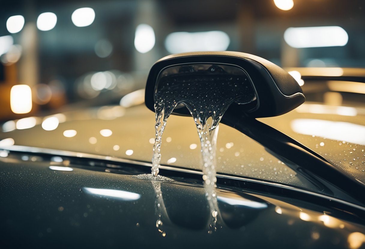 A car being washed and waxed, with water droplets glistening on the shiny surface