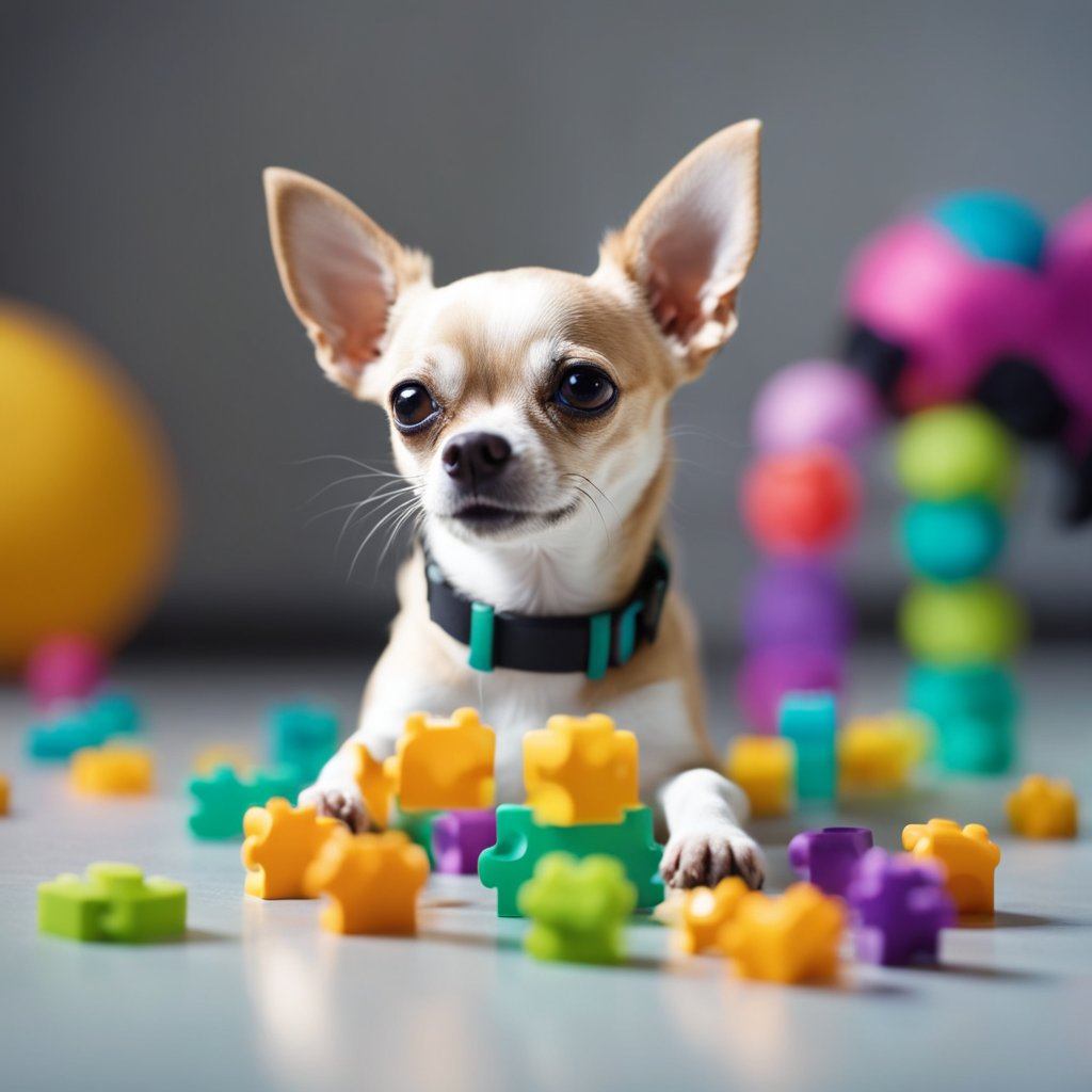 A chihuahua engages in mental stimulation activities, such as playing with puzzle toys and receiving positive reinforcement training from its owner