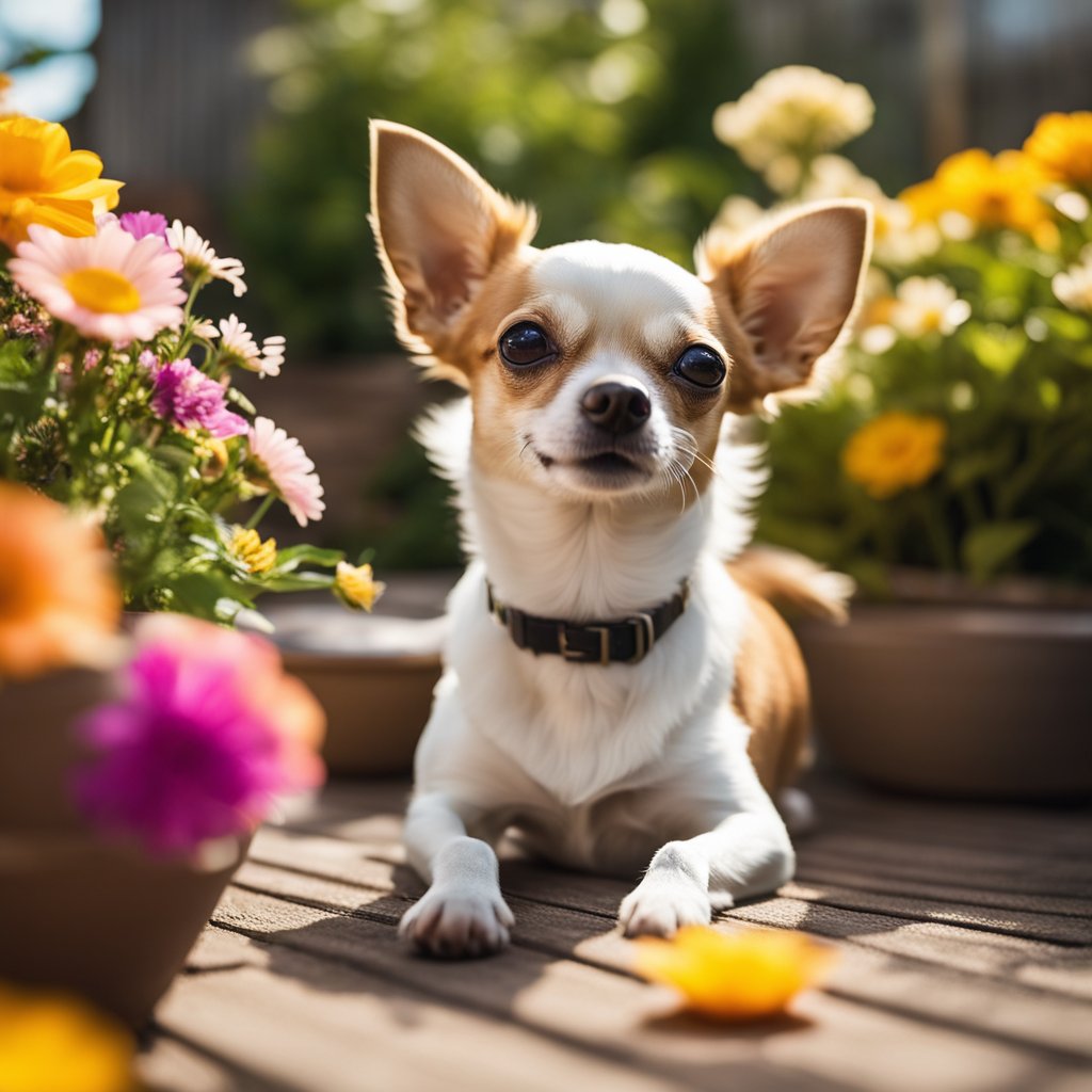 A chihuahua lounges in a sunny backyard, surrounded by vibrant flowers and a bowl of fresh water. Its bright eyes convey a sense of vitality and health